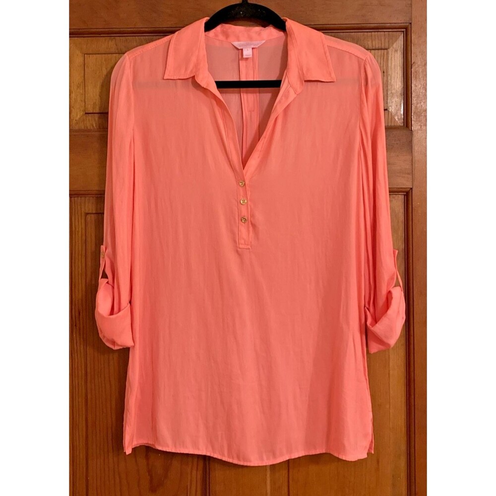 Lilly Pulitzer Womens S Coral Pink Elsa Roll Tab Sleeve Button V-Neck Blouse